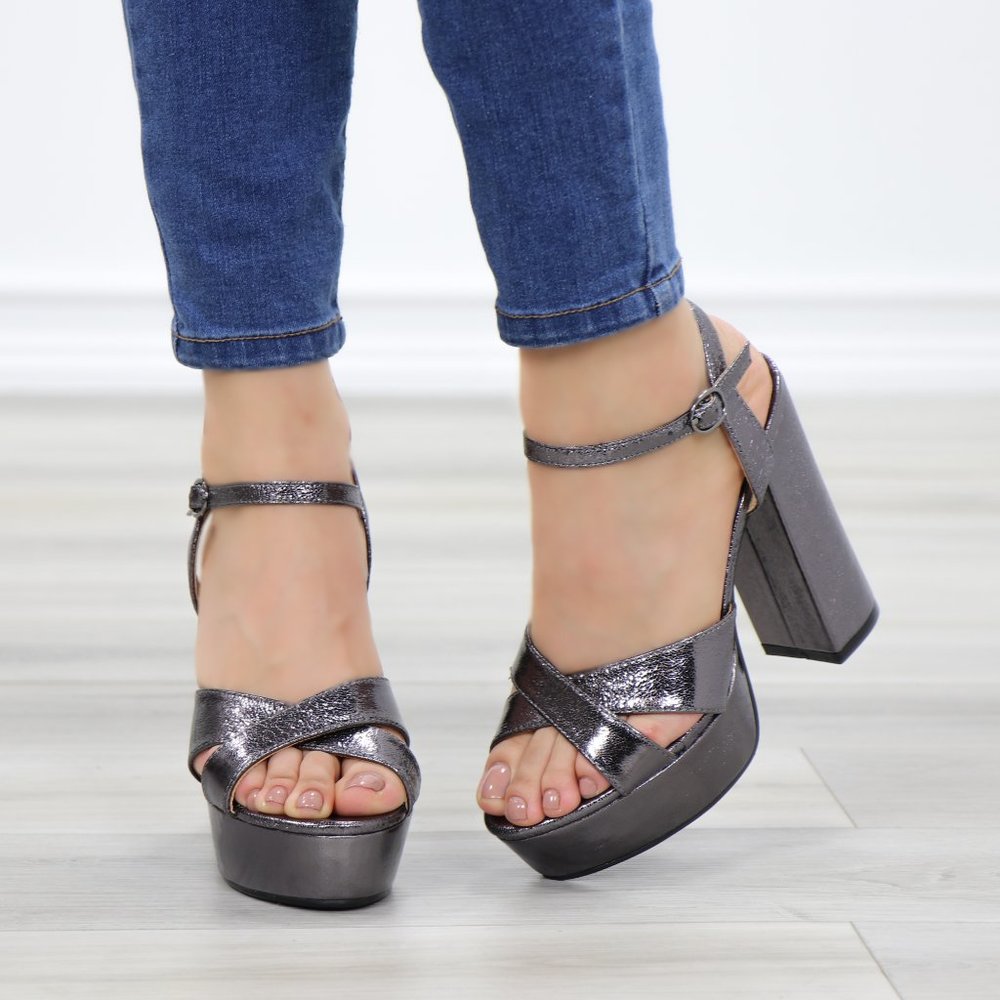 Metallic Pewter Platform Open Toe Heels - Picture 10 of 12